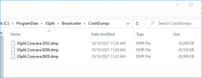 Automatically generated crash dump files shown in Windows Explorer. File sizes of the crash dumps may vary depending on what occurred.