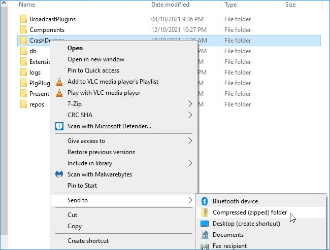 Compressing the folder into a .zip file will make it easier to send the files for investigation and troubleshooting.