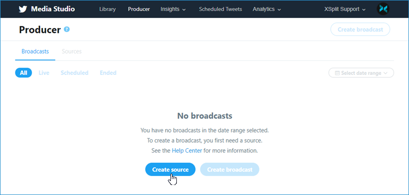 Highlighting Create source in Twitter's Media Studio Producer