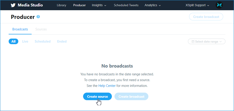 Highlighting Create source in Twitter&apos;s Media Studio Producer