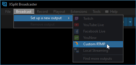 Broadcast > Set up a new output > custom RTMP 