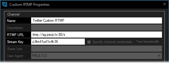 Adding the name, RTMP URL, and stream key from the media studio producer to XSplit's Custom RTMP Properties