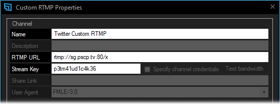 Adding the name, RTMP URL, and stream key from the media studio producer to XSplit&apos;s Custom RTMP Properties