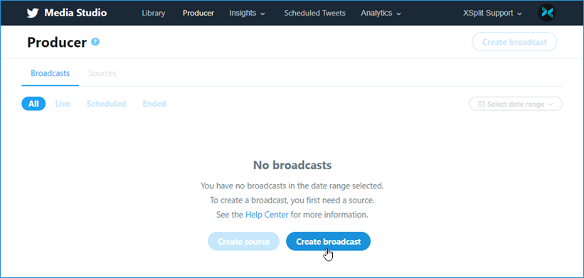 Clicking Create Source from Twitter&apos;s Media Studio Producer