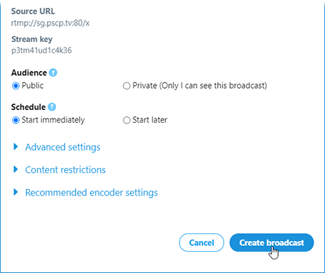 Clicking Create broadcast once the information has been entered