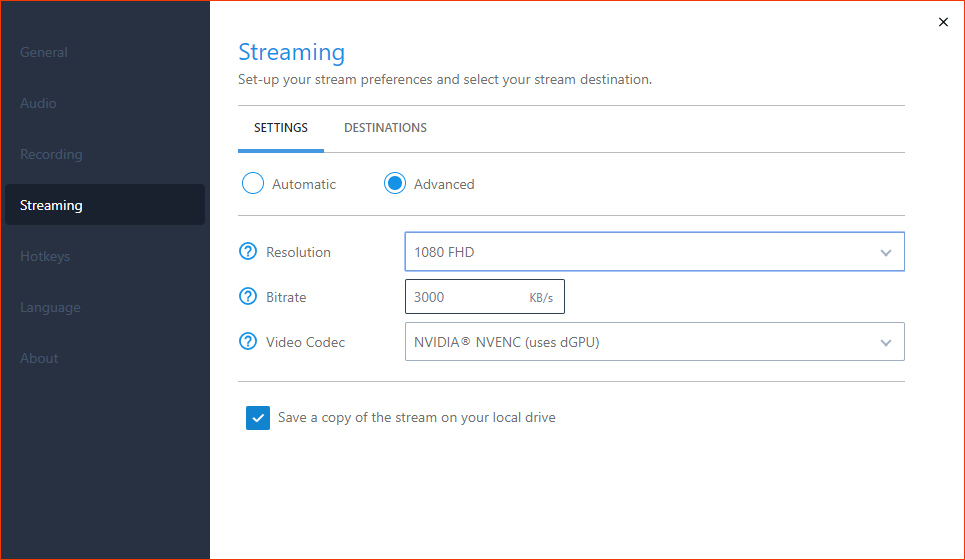 XPT Settings Streaming tab and features set to advanced - showing the settings section