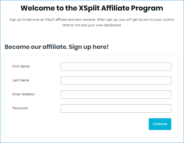 XSplit Affiliate Program - Sign up page