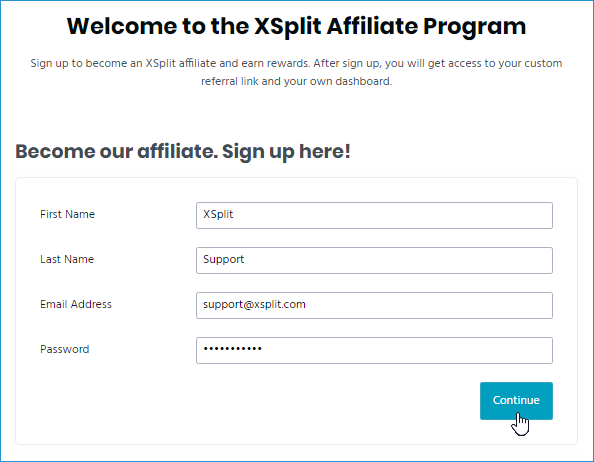 XSplit Affiliate Program - Sign up page populated