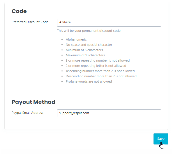 XSplit Affiliate Program - clicking save after entering discount code and payout method