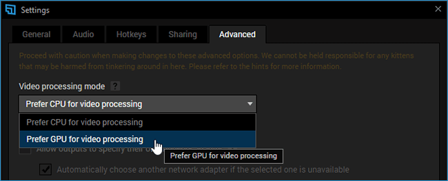 Selecting Prefer GPU in XSplit Broadcaster&apos;s Tools &gt; Settings &gt; Advanced tab 