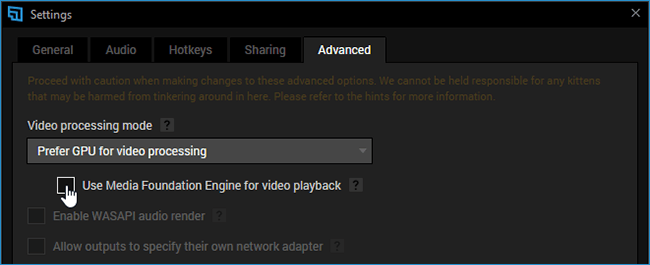 Unchecking &quot;Use Media Foundation Engine for video playback&quot; in the Advanced tab settings of XSplit Broadcaster 