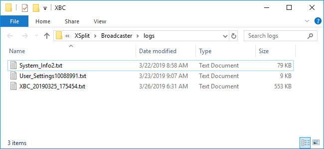 The XSplit Broadcaster log files shown in Windows Explorer.