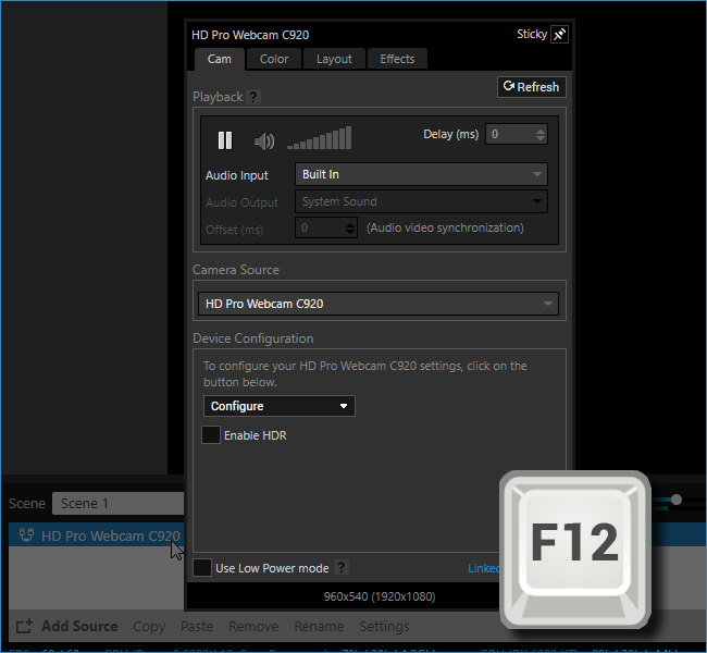 Screenshot of the camera settings window and the F12 keyboard icon. Pressing F12 while in this window will generate a Graph Text log file.