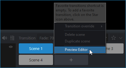 Right-clicking a scene button will show additional options such as previewing that scene in the Preview Editor.
