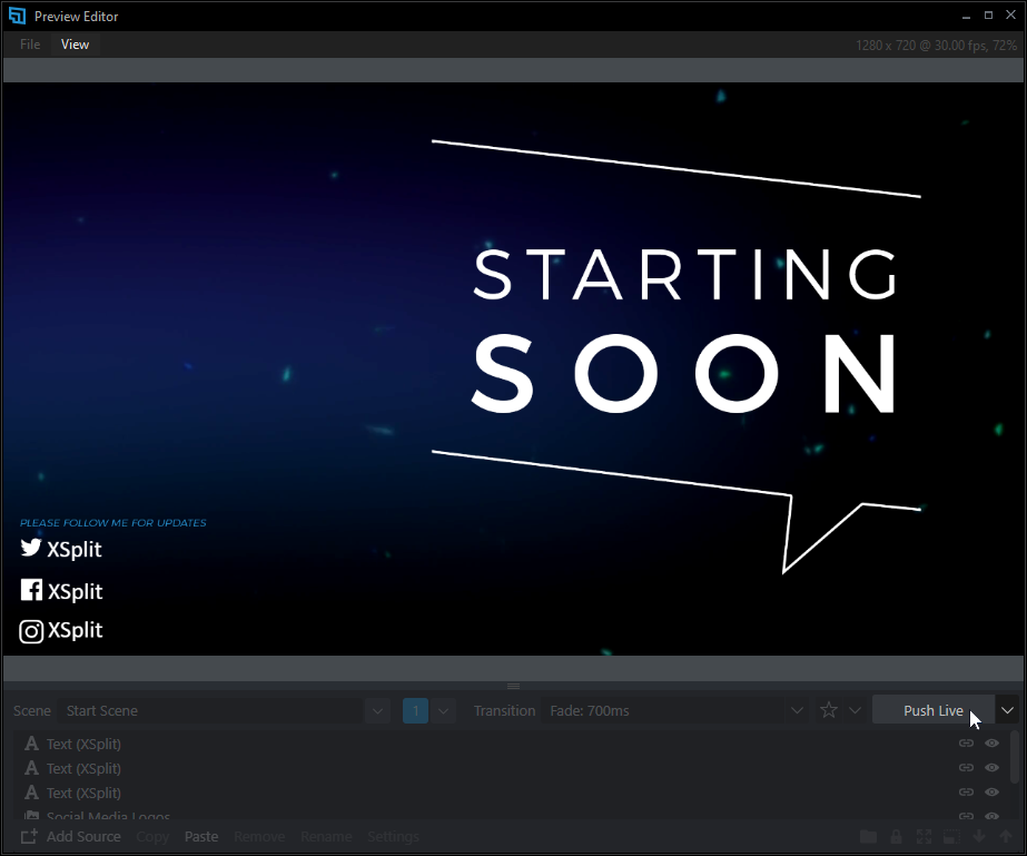 The Push Live button appears exclusively in the Preview Editor. This button will send the scene that's currently being previewed to your stream.