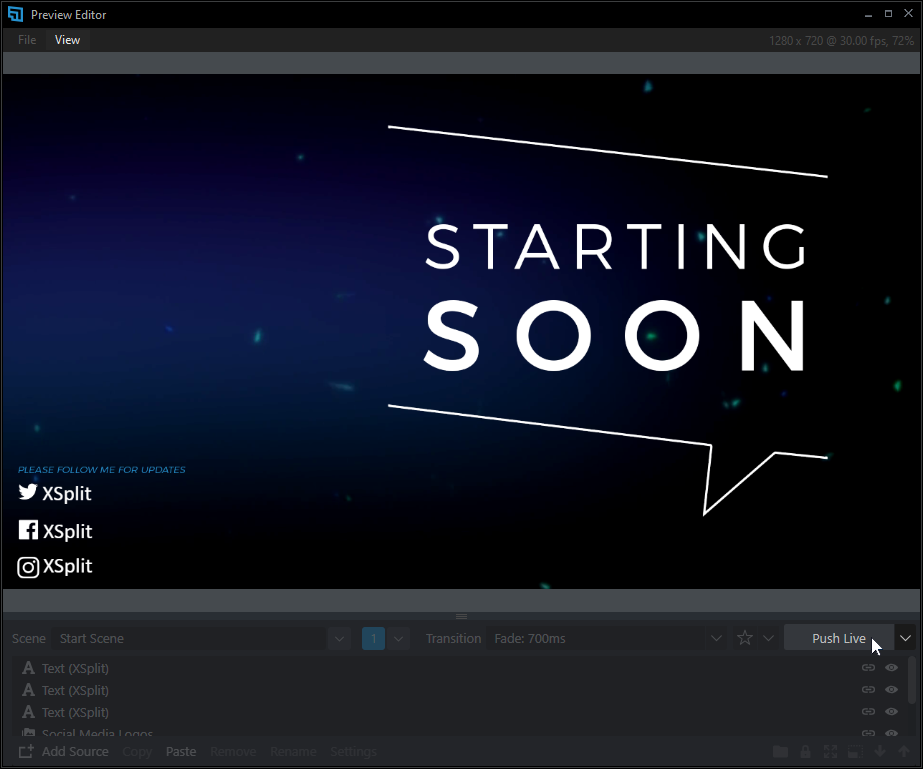 The Push Live button appears exclusively in the Preview Editor. This button will send the scene that&apos;s currently being previewed to your stream.