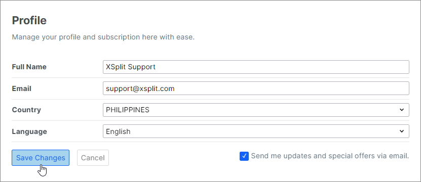 Clicking Save Changes after updating the Profile in XSplit's account settings
