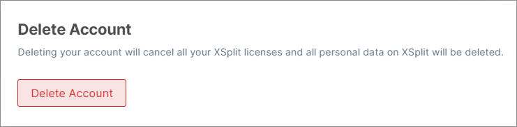 XSplit Dashboard Account Settings - Delete account button