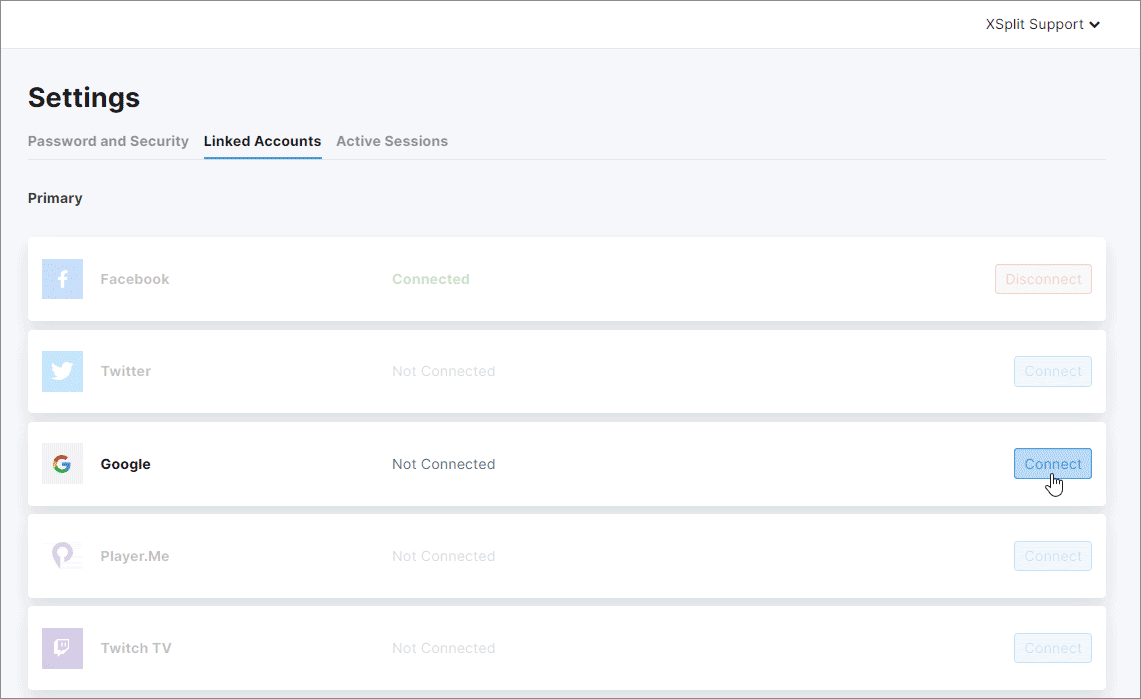 XSplit Dashboard Account Settings - Connecting your Google account in Linked Accounts