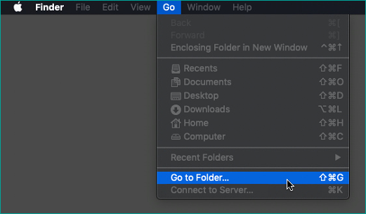 Highlighting the Go to folder option in Mac's Go menu