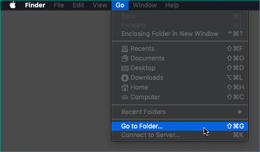 Highlighting the Go to folder option in Mac&apos;s Go menu