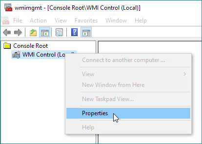 Highlighting the Properties option when right-clicking WMI Control (Local) 