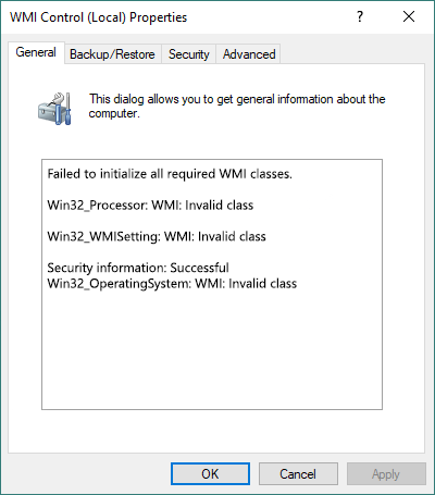 Popup showing that all required WMI classes failed to initialize
