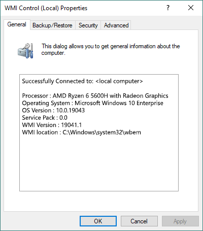 WMI Local properties showing a successful connection