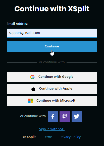 XSplit website - Signing in using your account