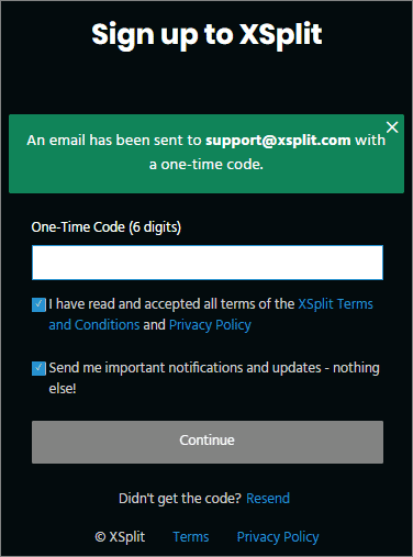 XSplit Website - One time code entry
