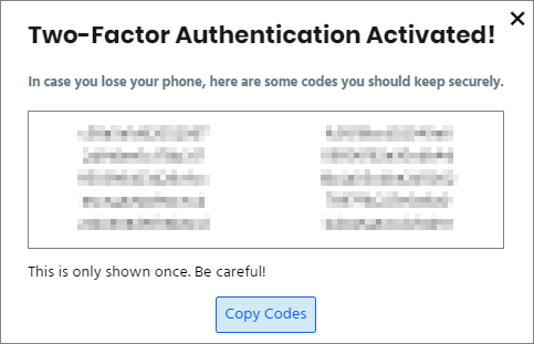 2FA successfully activated - backup codes