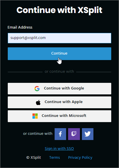 XSplit Sign in - Email entry
