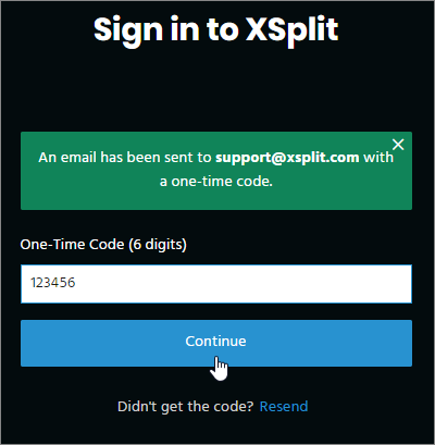 XSplit Sign in - OTP entry