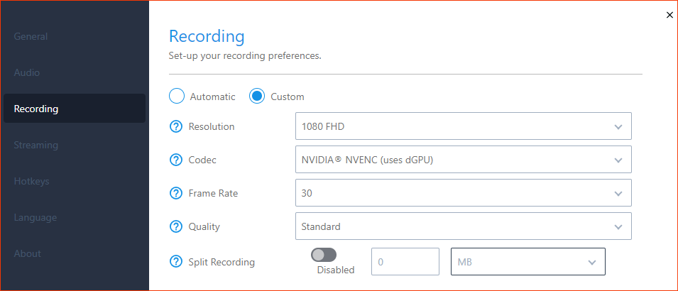 XPT Settings Recording Tab and features set to Custom