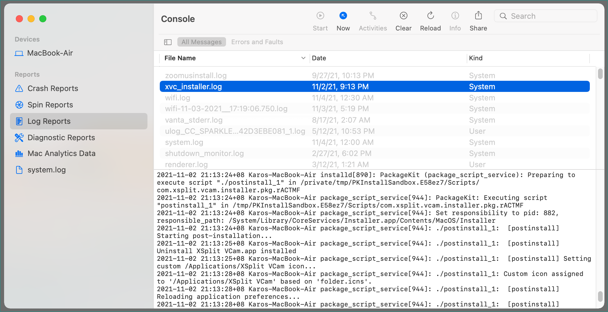 Mac Log reports with xvc debug log highlighted