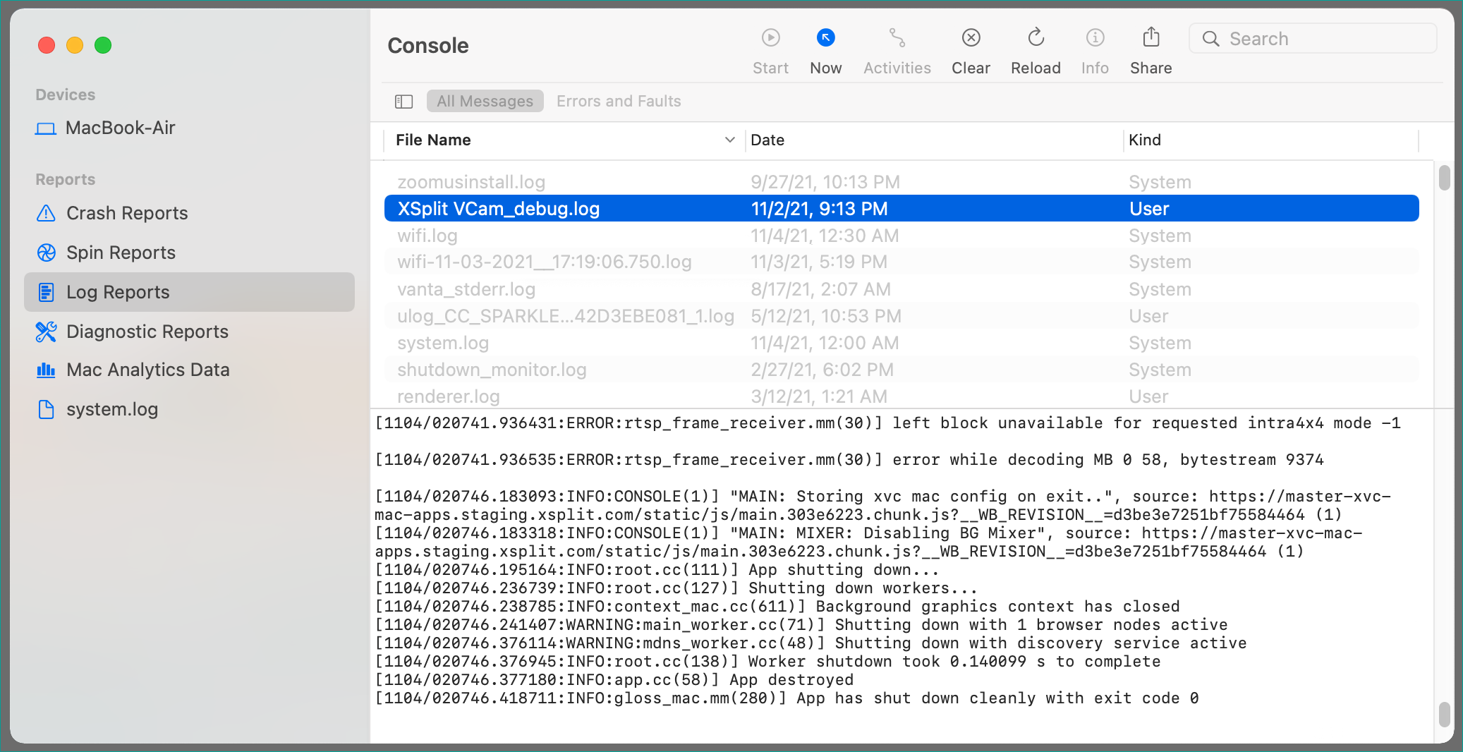 Mac Log reports with XSplit VCam debug log highlighted