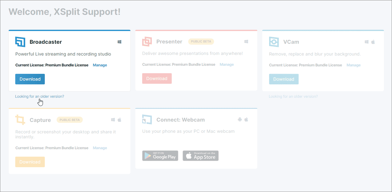 XSplit Dashboard home - Download older versions of XBC and XVC