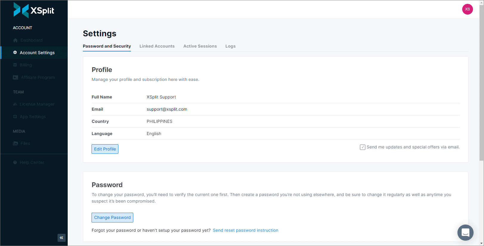 XSplit Dashboard - Account Settings Main tabs view