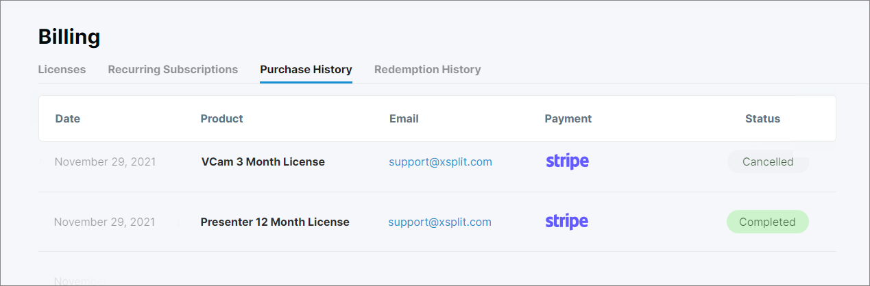 XSplit Dashboard - Billing Tab - Purchase history: showing XVC sub is cancelled and XPT sub is completed