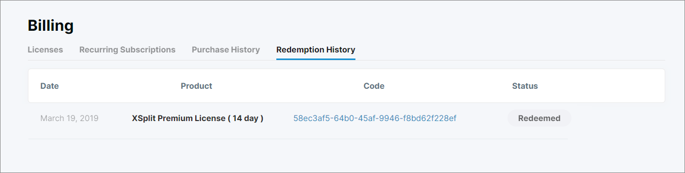 XSplit Dashboard - Billing Tab - Redemption history shows XSplit 14 day premium license was redeemed