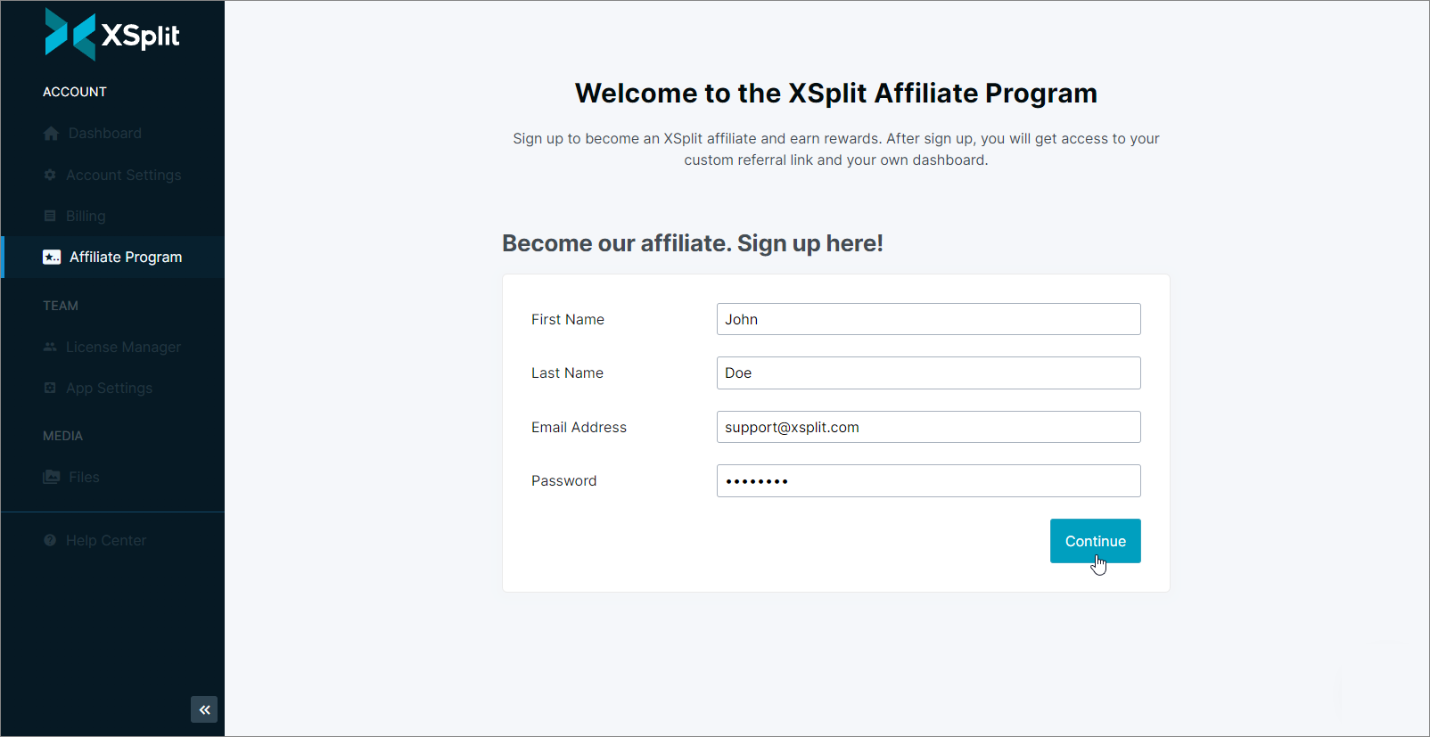XSplit Dashboard Affiliate Program - Sign up page for those who haven't yet