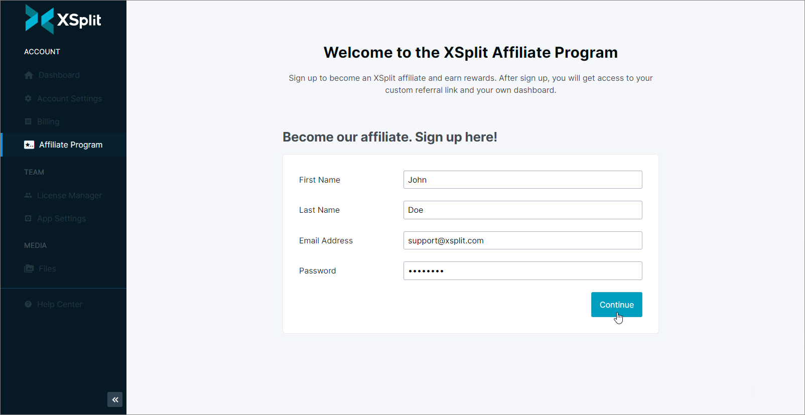 XSplit Dashboard Affiliate Program - Sign up page for those who haven&apos;t yet