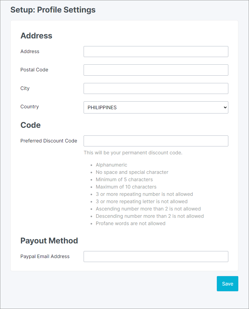 XSplit Dashboard Affiliate Program - Setup Profile Settings page