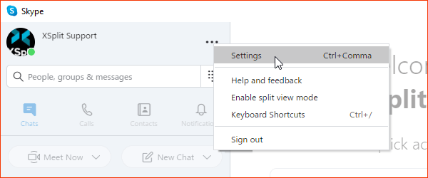 Skype showing the settings menu being highlighted