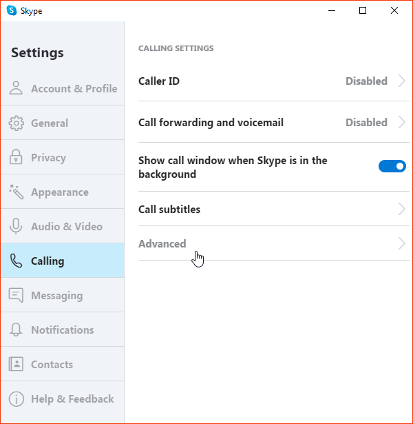 Skype settings menu showing the option to select Calling > Advanced