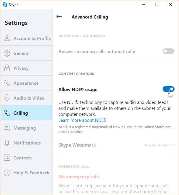 Skype Settings showing Allow NDI usage is enabled