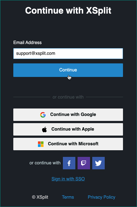 Continue with XSplit screen asking user to enter email address and continue