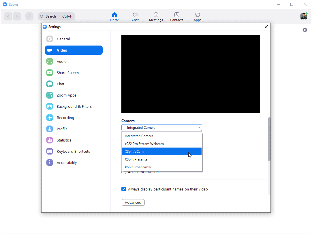 Selected XVCMac as a source in Zoom's camera settings