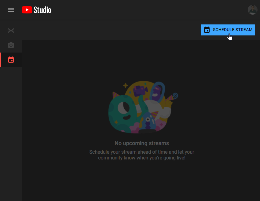 Schedule stream button under YouTube Studio &gt; Manage