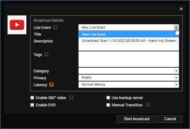 Selecting the Scheduled Live in the YouTube Live Output Broadcast Details